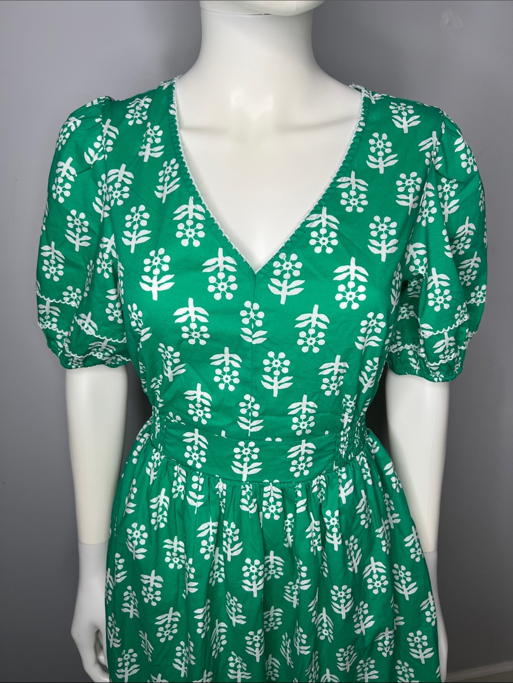 J. Crew Factory Block- Print Puff Sleeves Green Dress - Picture 7 of 12